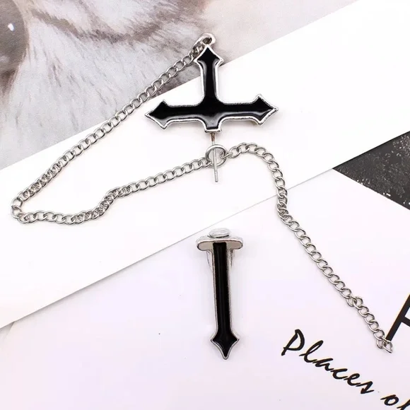 Black Goth Cross Chain Earrings - Picture 3 of 4